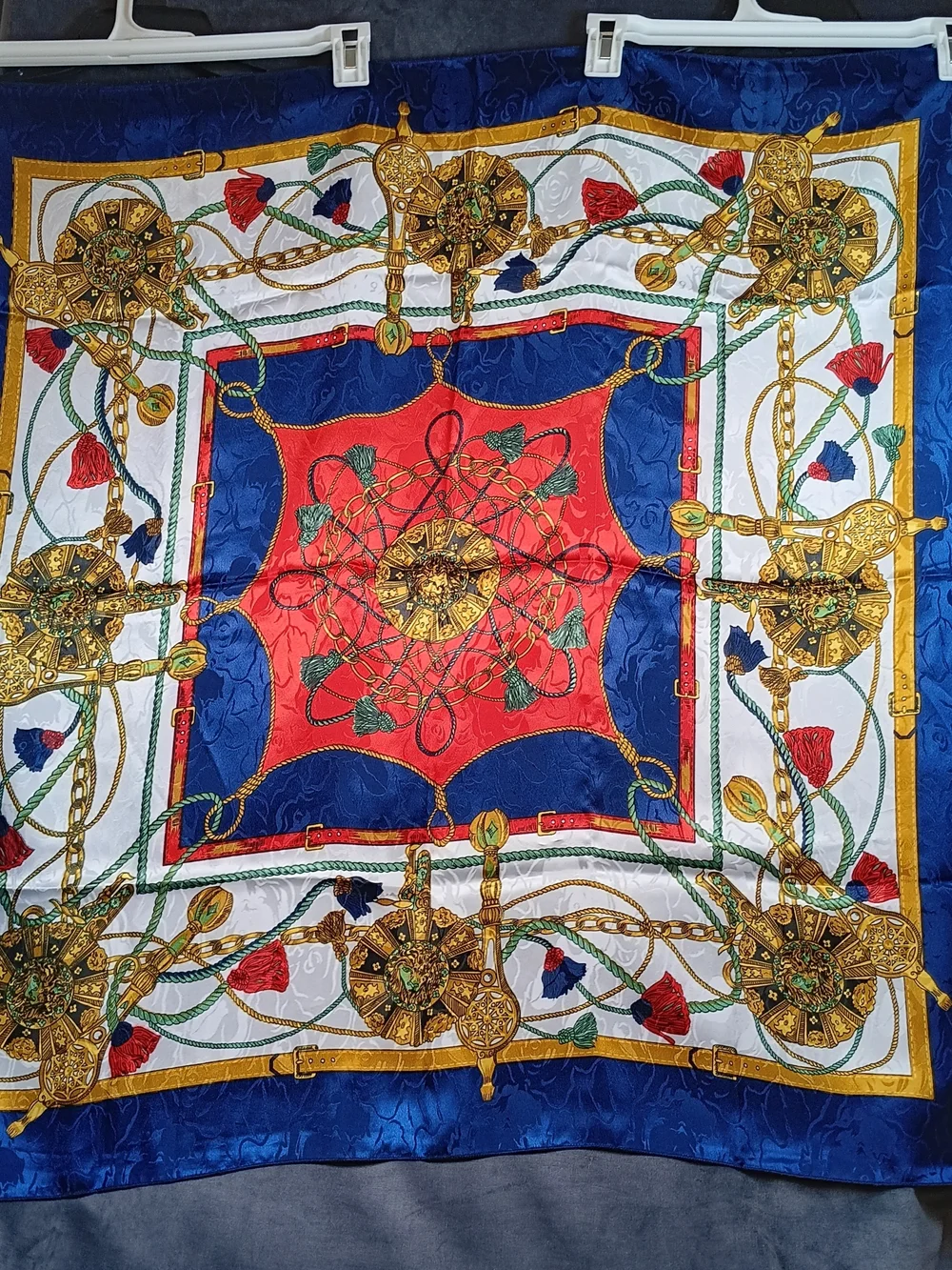 Vintage Silk Style Scarf in Blue, Red, White & Gold